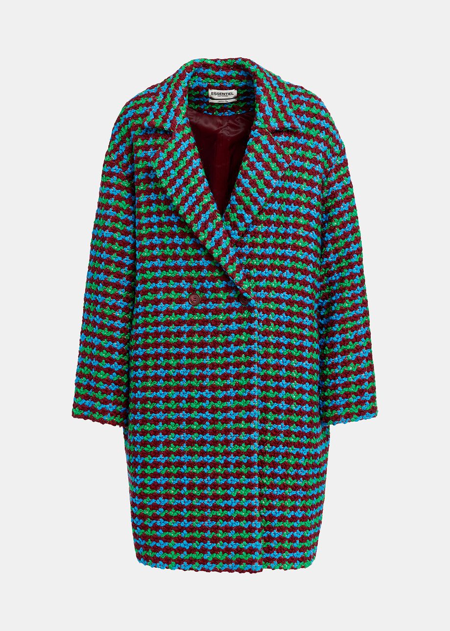 Burgundy, blue and green wool-blend tweed coat