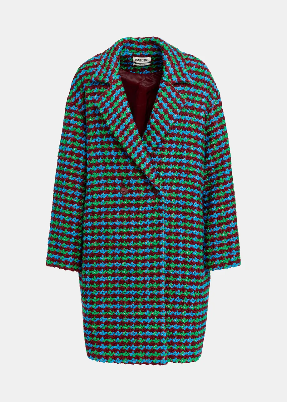 Manteau en tweed en laine mélangée bordeaux, bleu et vert