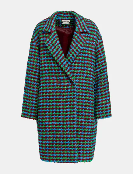 Burgundy, blue and green wool-blend tweed coat