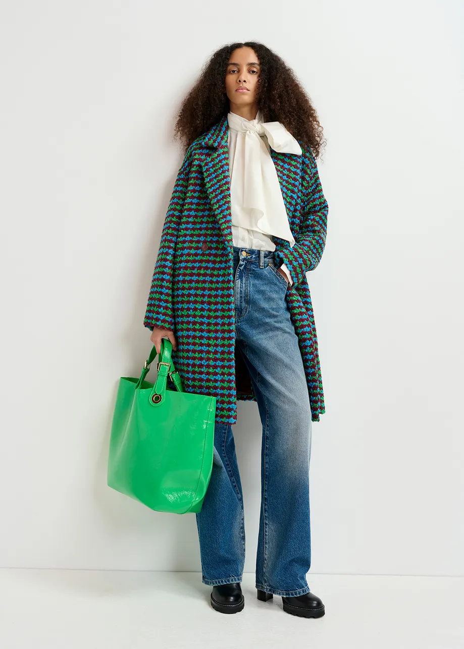 Burgundy, blue and green wool-blend tweed coat