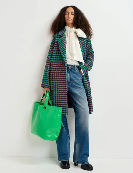 Burgundy, blue and green wool-blend tweed coat