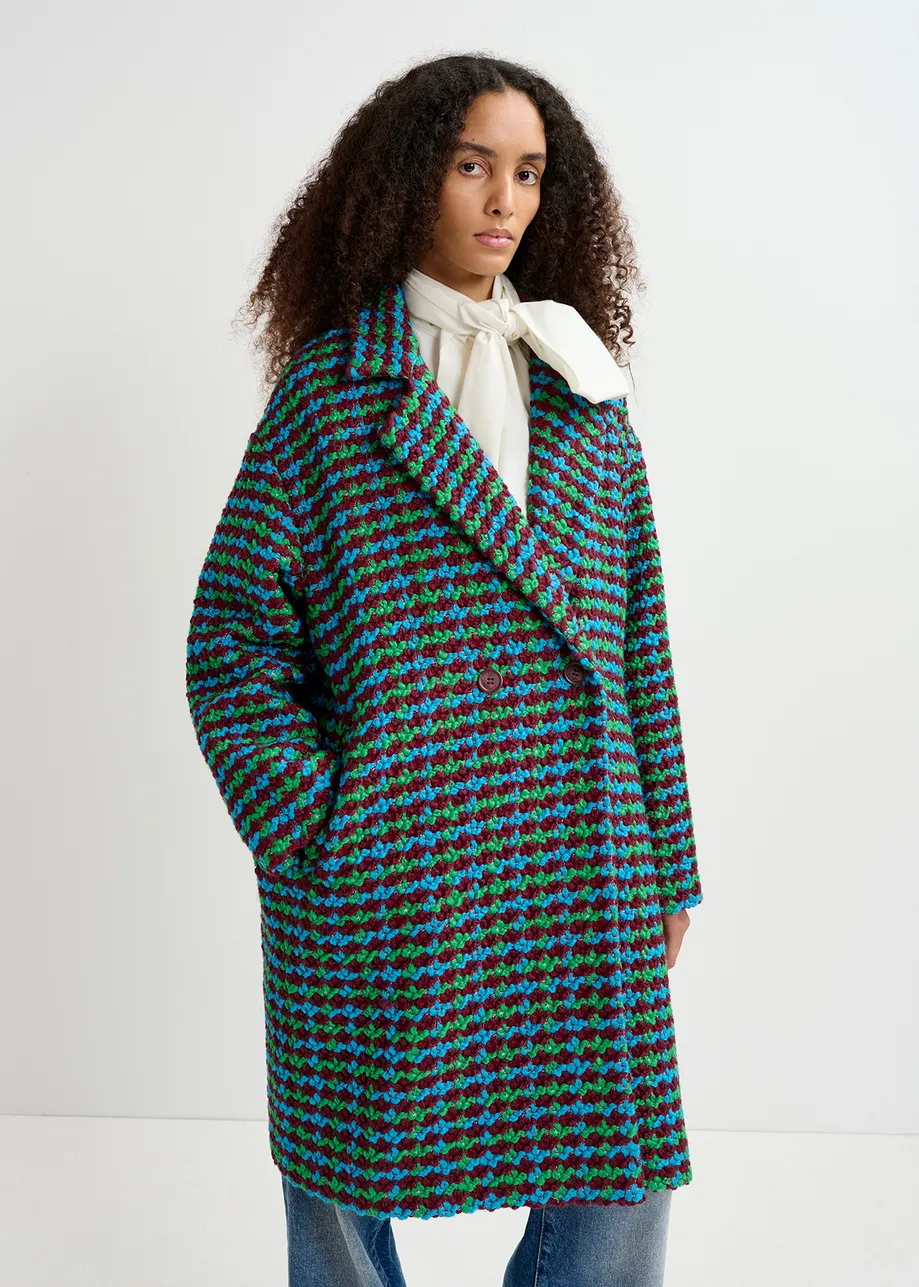 Burgundy, blue and green wool-blend tweed coat