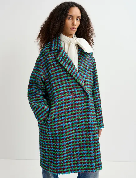 Burgundy, blue and green wool-blend tweed coat