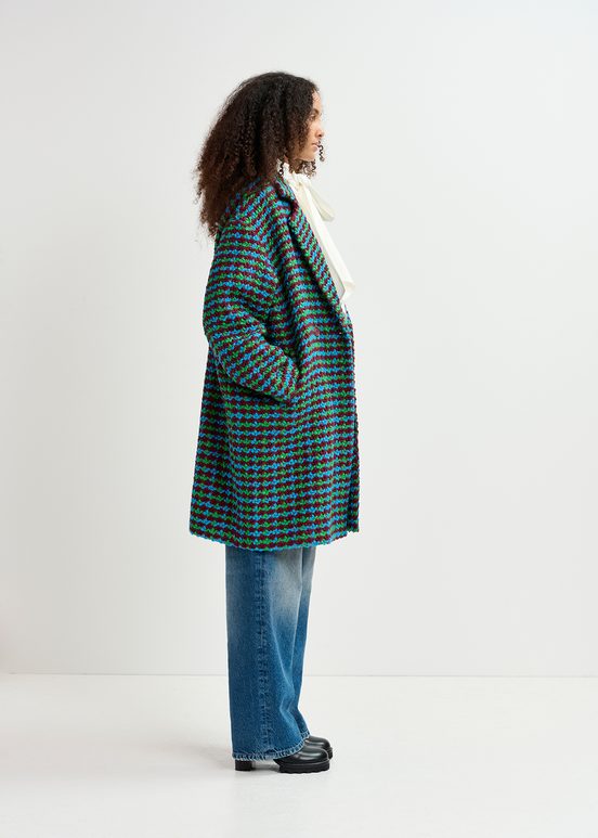 Manteau en tweed en laine mélangée bordeaux, bleu et vert