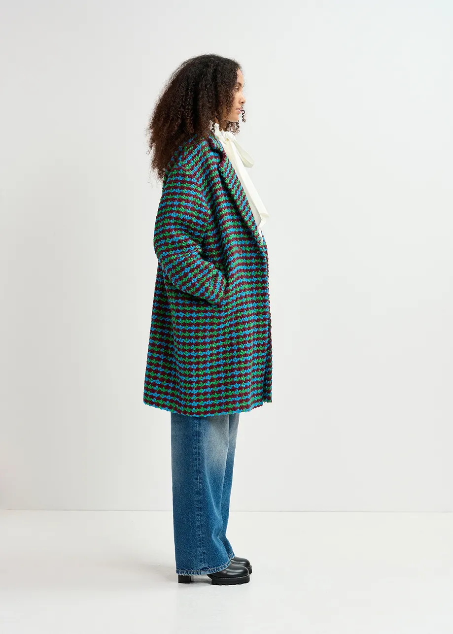 Burgundy, blue and green wool-blend tweed coat