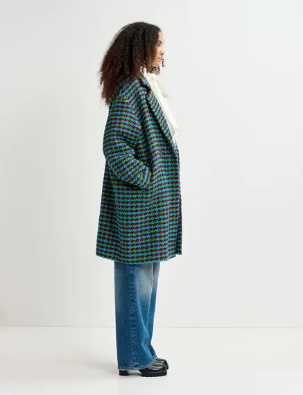 Burgundy, blue and green wool-blend tweed coat