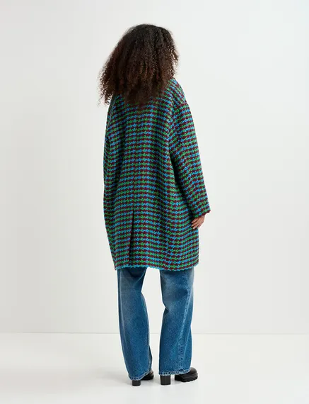 Cappotto in tweed di misto lana bordeaux, blu e verde