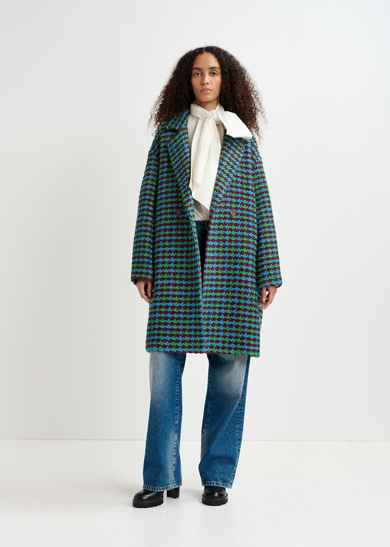 Burgundy, blue and green wool-blend tweed coat