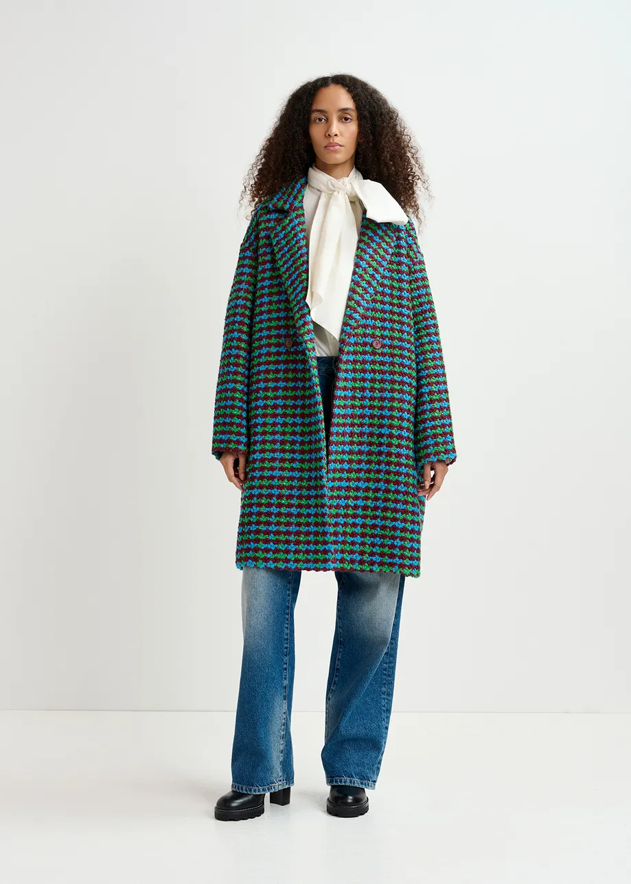 Manteau en tweed en laine mélangée bordeaux, bleu et vert