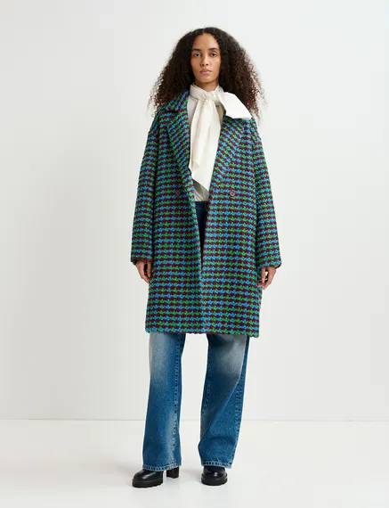 Burgundy, blue and green wool-blend tweed coat