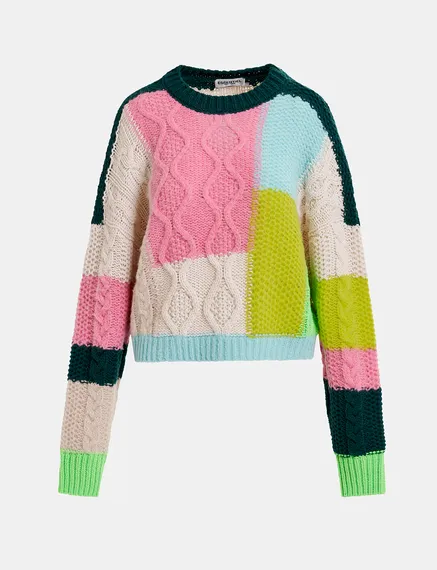 Ecru, lime green and pink cable-knitted patchwork sweater