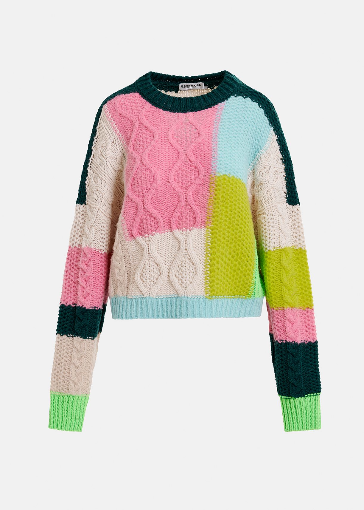 Ecru, lime green and pink cable-knitted patchwork sweater