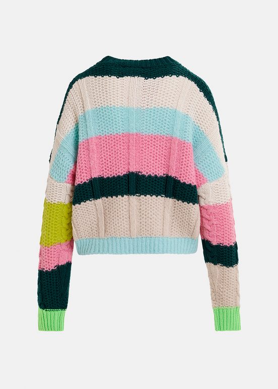 Ecru, lime green and pink cable-knitted patchwork sweater