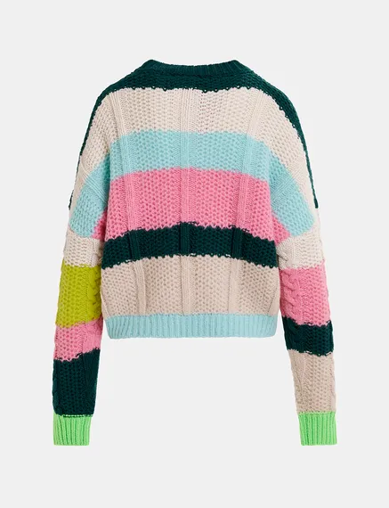 Ecru, lime green and pink cable-knitted patchwork sweater