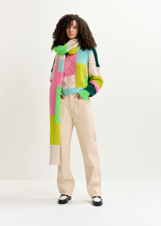 Ecru, lime green and pink cable-knitted patchwork sweater