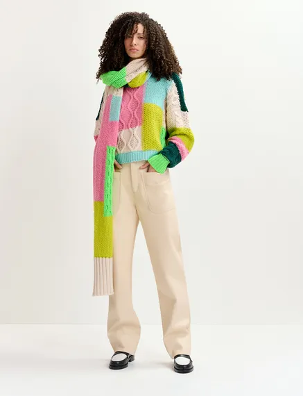 Ecru, lime green and pink cable-knitted patchwork sweater