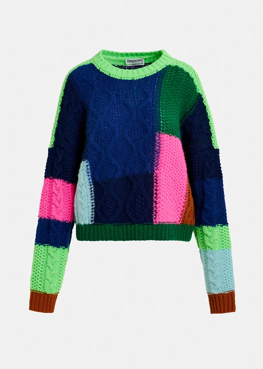 Navy blue, green and neon pink cable-knitted patchwork sweater