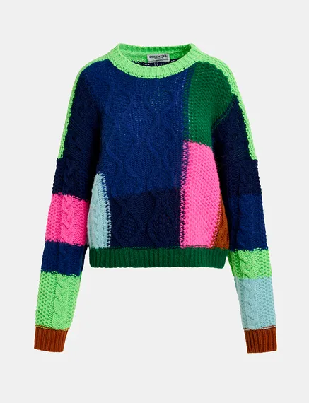 Navy blue, green and neon pink cable-knitted patchwork sweater