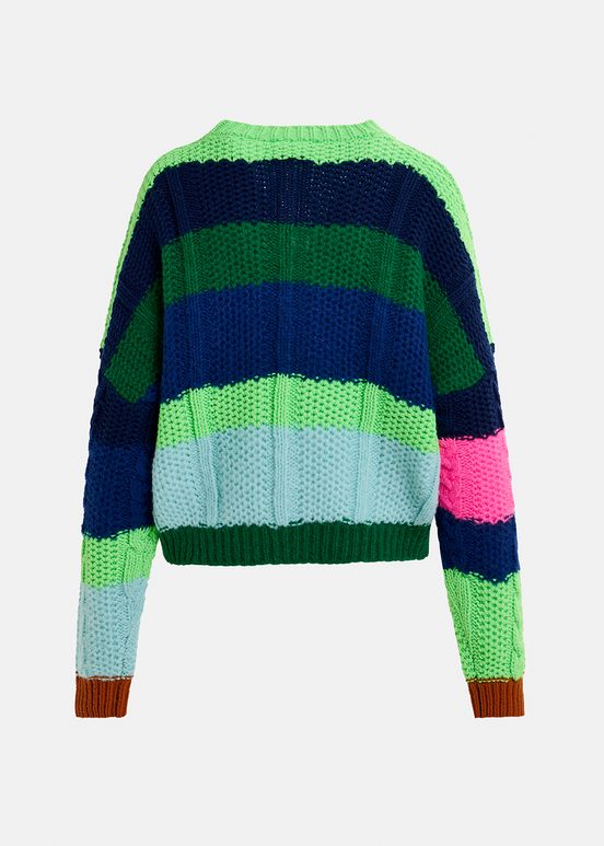 Navy blue, green and neon pink cable-knitted patchwork sweater