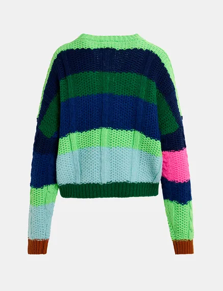 Navy blue, green and neon pink cable-knitted patchwork sweater