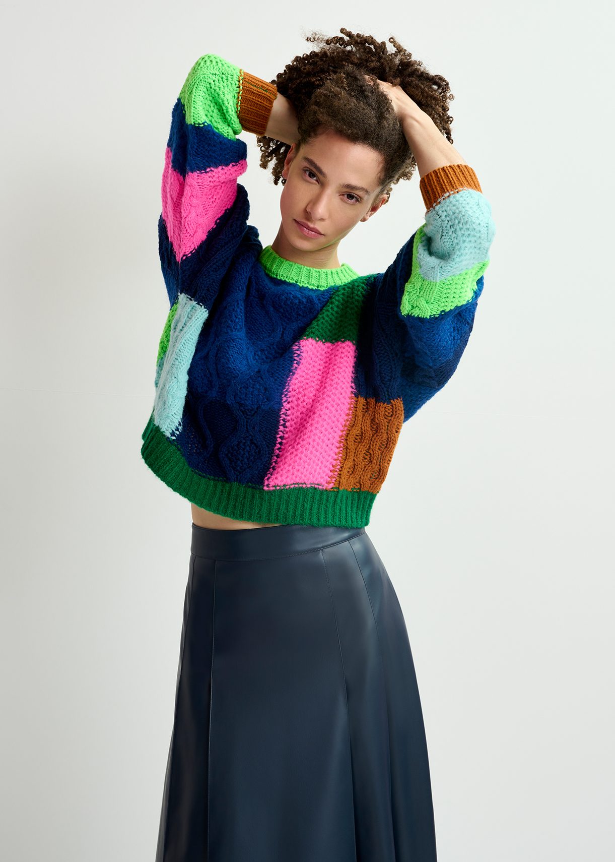 Navy blue green and neon pink cable knitted patchwork sweater