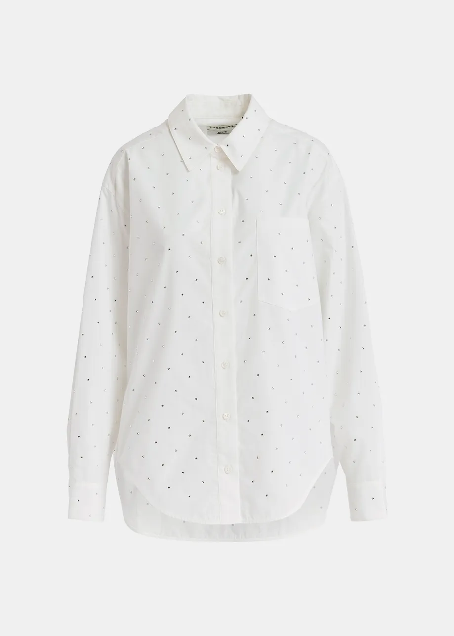 Camicia in cotone bianco sporco con decorazioni di strass