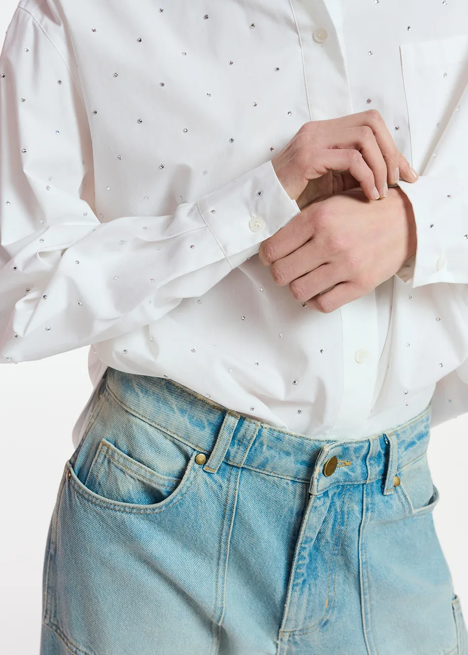 Off-white cotton shirt with rhinestone embellishments