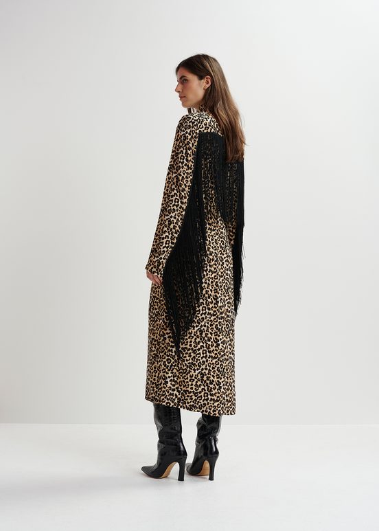 Braunes Midikleid mit Leopardenprint und Fransen