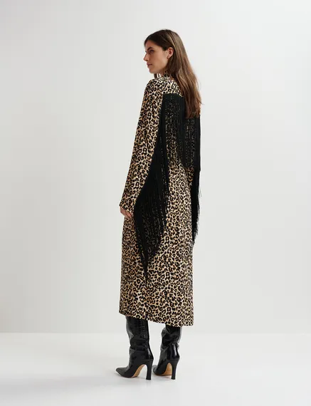 Braunes Midikleid mit Leopardenprint und Fransen