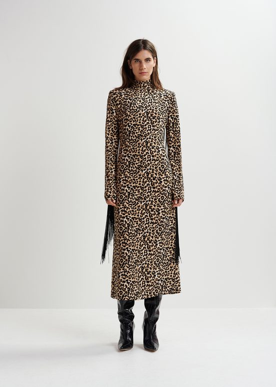 Vestido midi con estampado de leopardo y flecos, marrón