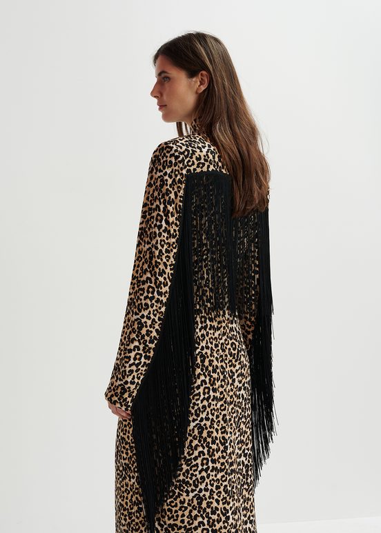 Braunes Midikleid mit Leopardenprint und Fransen