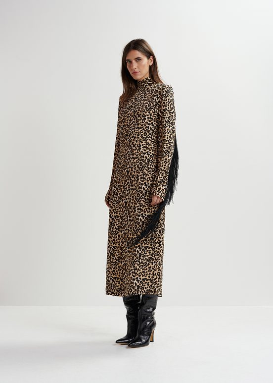 Brown leopard-print midi dress with fringes