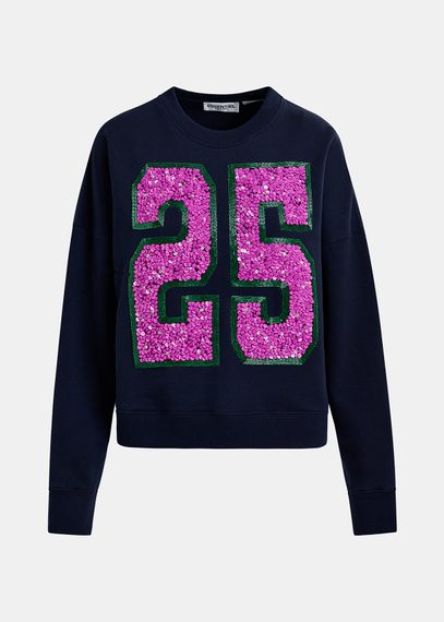 Navy blue and purple organic cotton sweatshirt with sequin and bead "25" embroideries