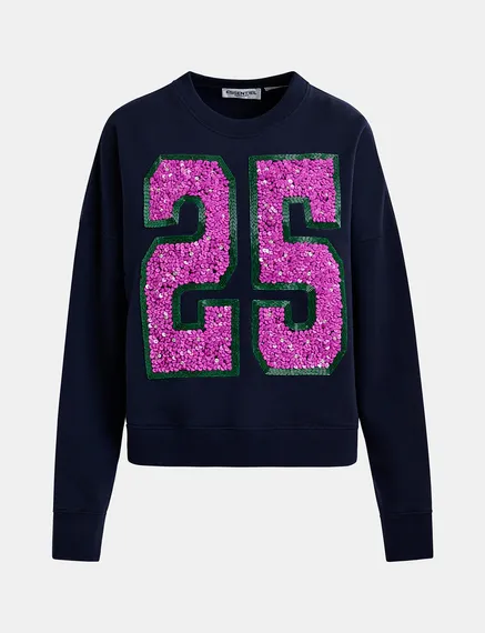 Navy blue and purple organic cotton sweatshirt with sequin and bead "25" embroideries