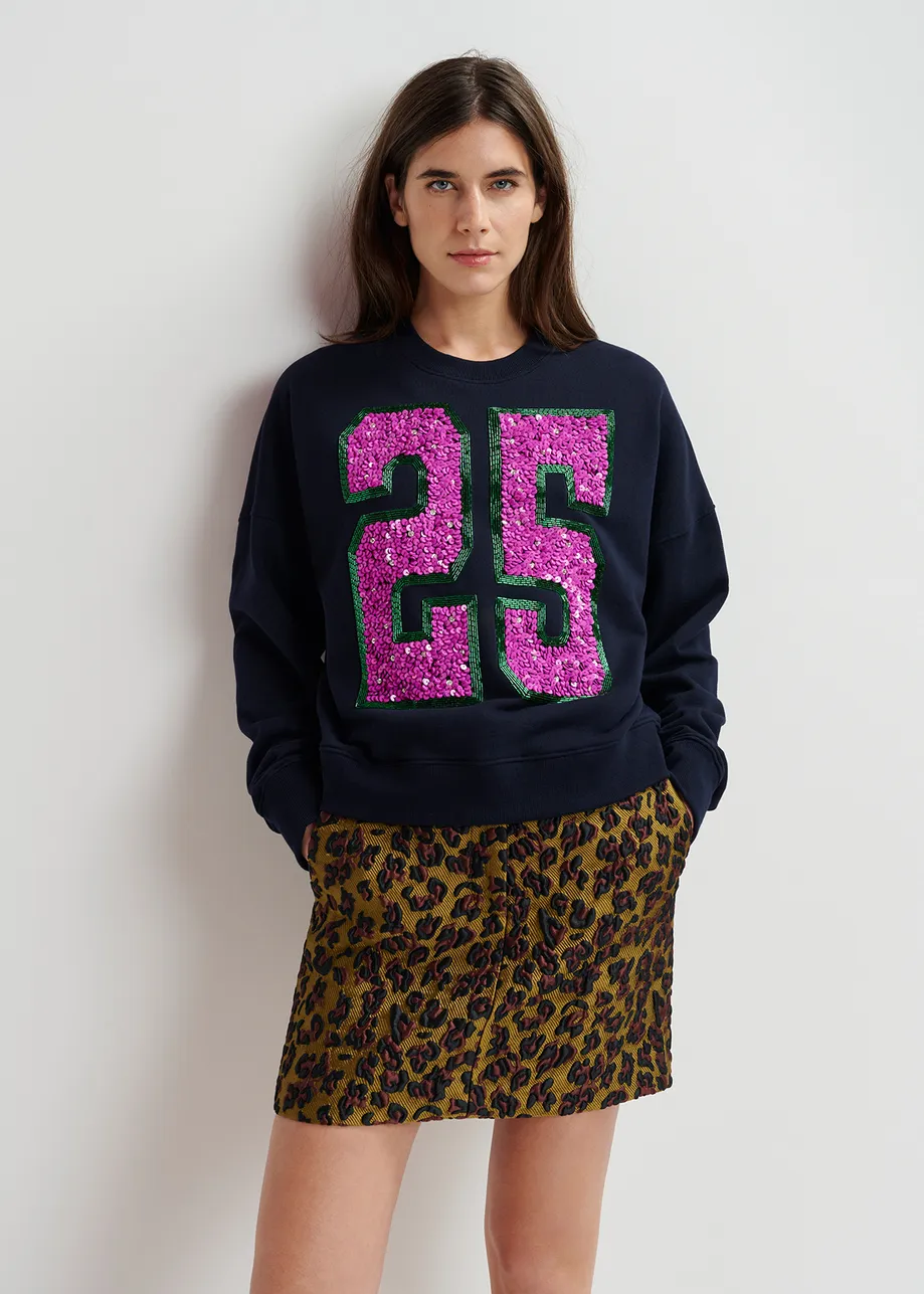 Navy blue and purple organic cotton sweatshirt with sequin and bead "25" embroideries