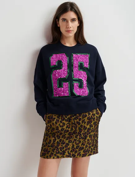 Navy blue and purple organic cotton sweatshirt with sequin and bead "25" embroideries