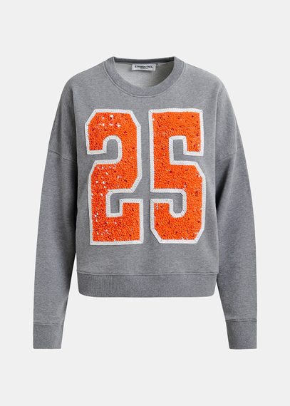 Sweatshirt aus Bio-Baumwolle mit Pailletten- und Perlenstickerei "25" in Grau und Orange