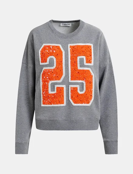 Sweatshirt aus Bio-Baumwolle mit Pailletten- und Perlenstickerei "25" in Grau und Orange