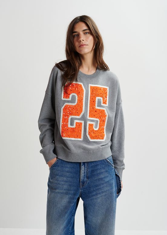 Grey and orange organic cotton sweatshirt with sequin and bead "25" embroideries