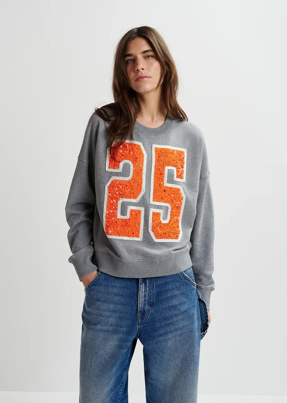 Grey and orange organic cotton sweatshirt with sequin and bead "25" embroideries