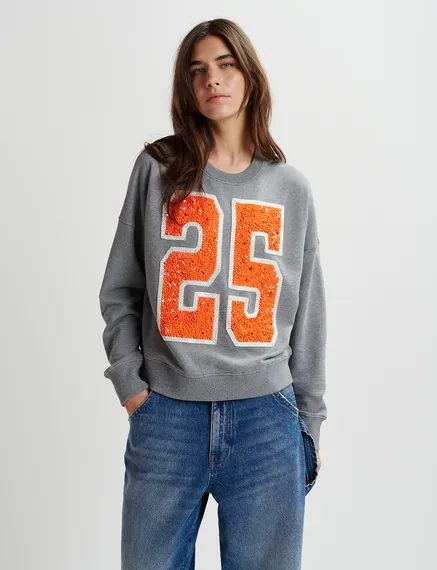 Grey and orange organic cotton sweatshirt with sequin and bead "25" embroideries