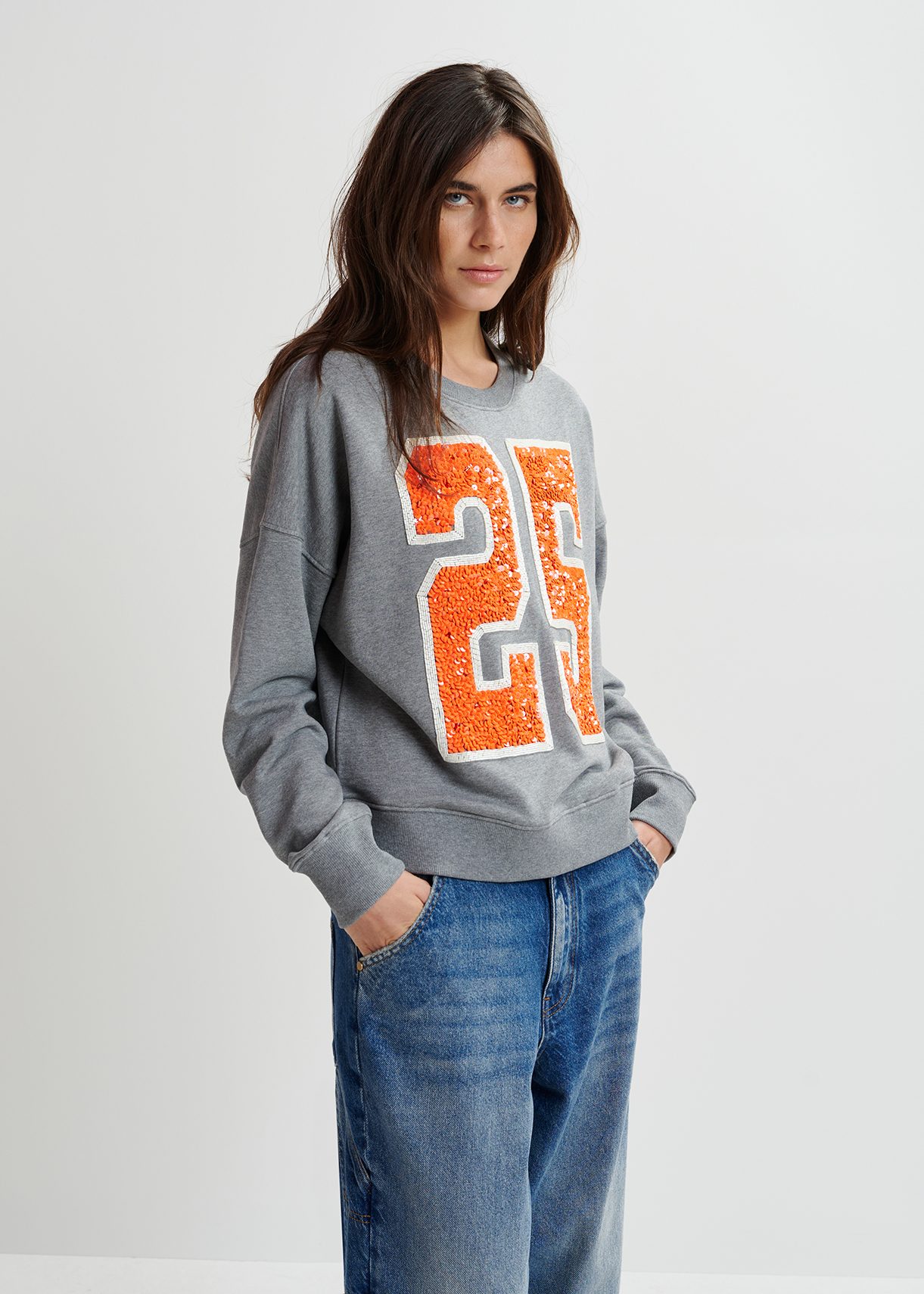 Grey and orange organic cotton sweatshirt with sequin and