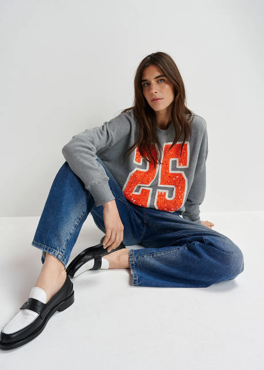 Grey and orange organic cotton sweatshirt with sequin and bead "25" embroideries