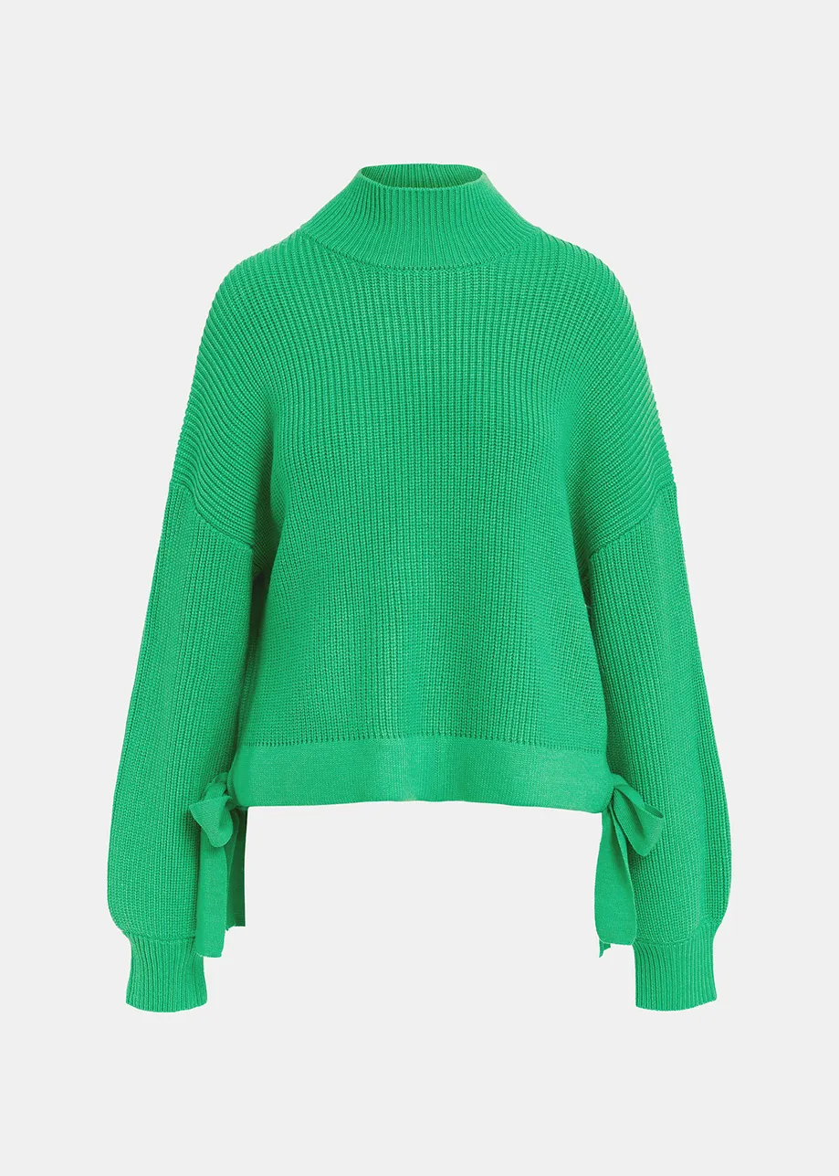 Green rib-knitted sweater with bows