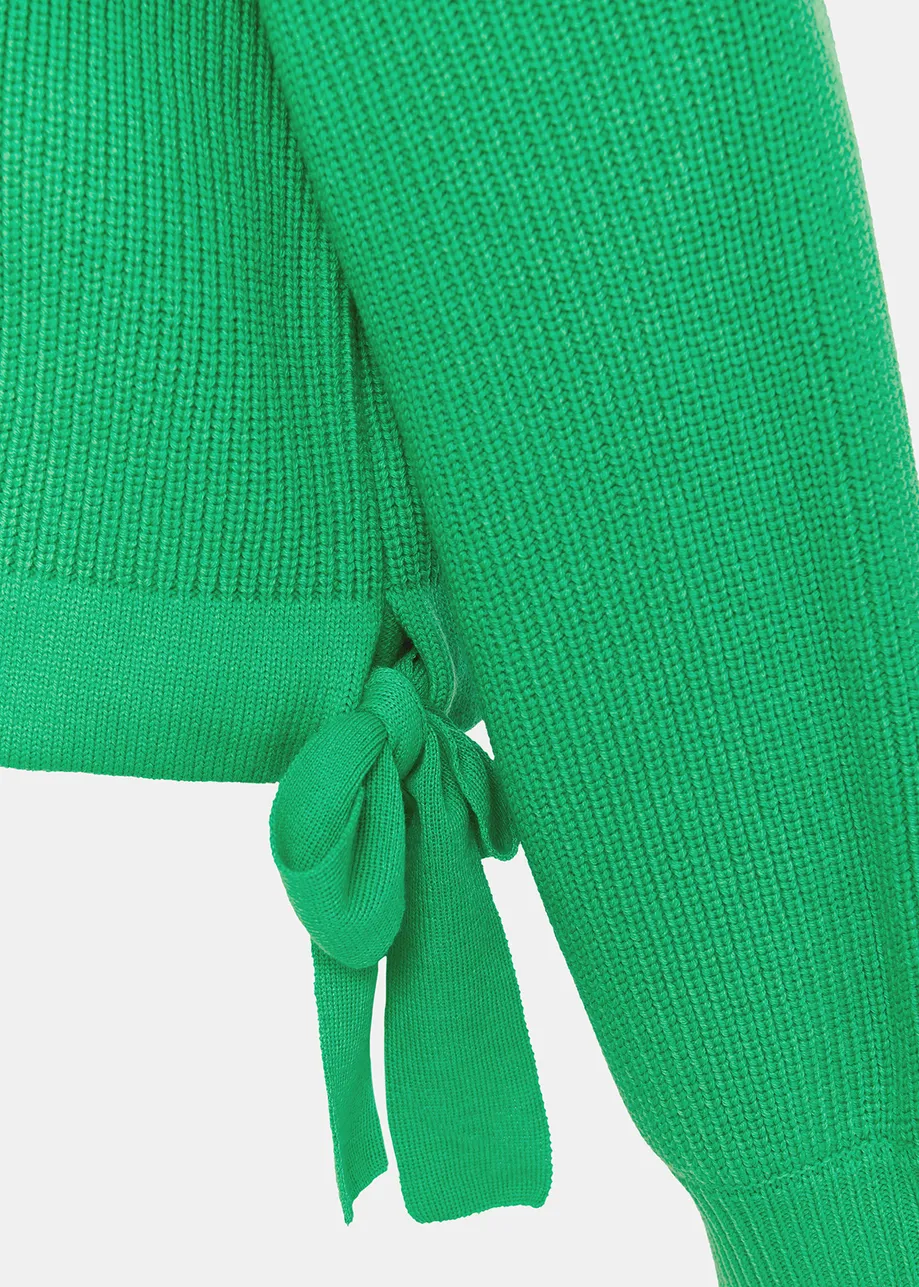 Green rib-knitted sweater with bows