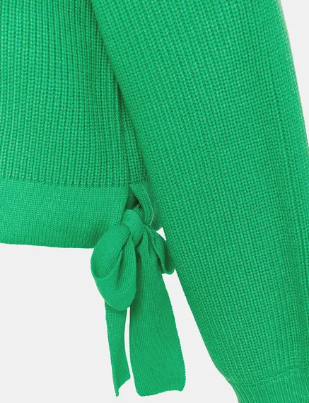 Green rib-knitted sweater with bows