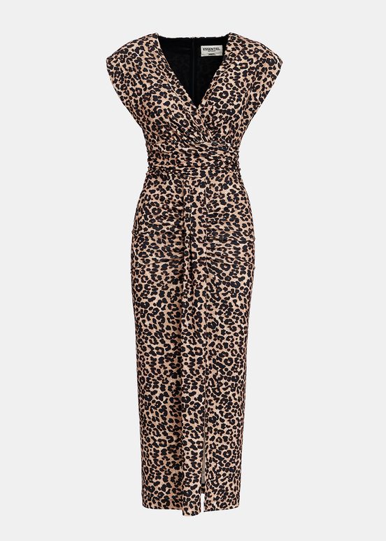 Brown stretch-jersey midi dress with leopard print