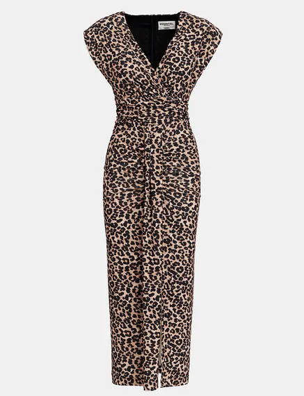 Brown stretch-jersey midi dress with leopard print