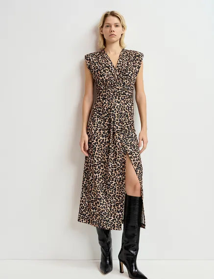 Bruine midi-jurk van stretch jersey met luipaardprint