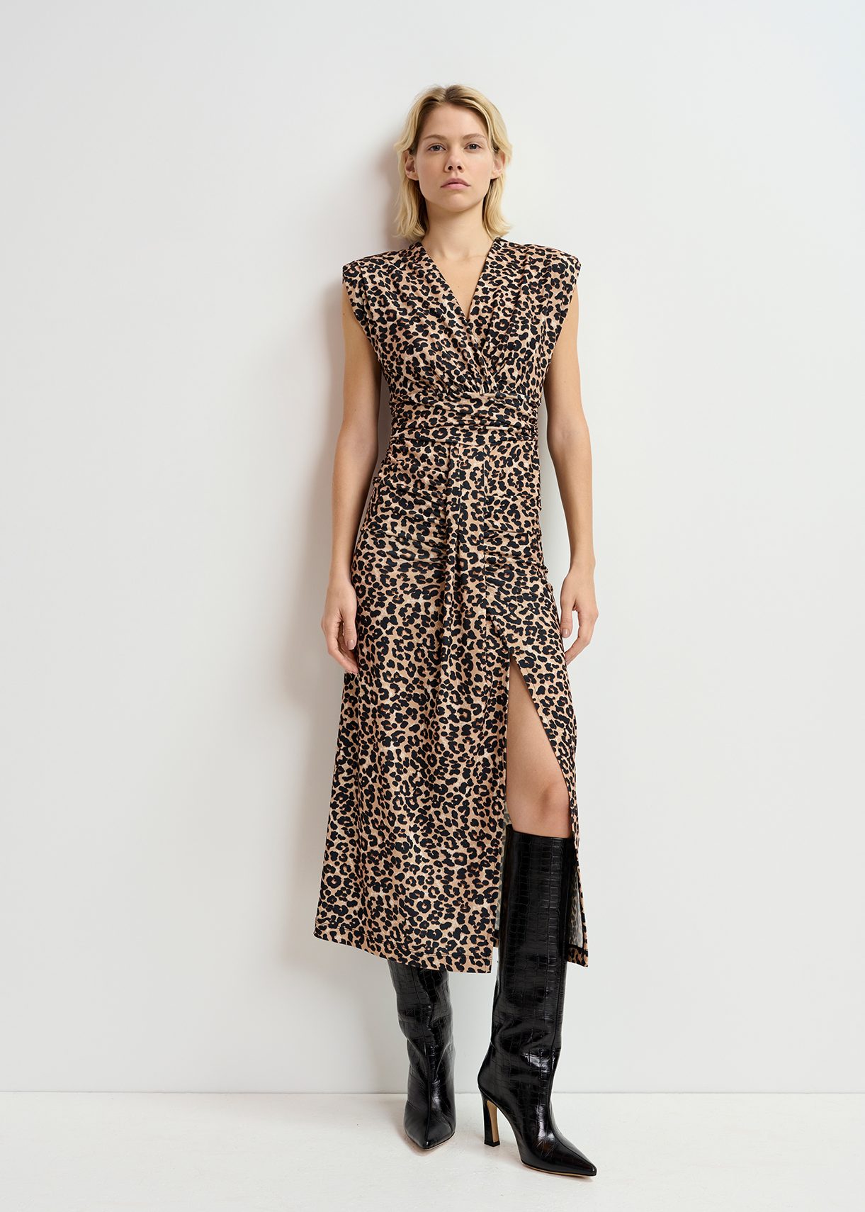 Brown stretch jersey midi dress with leopard print Essentiel Antwerp United States